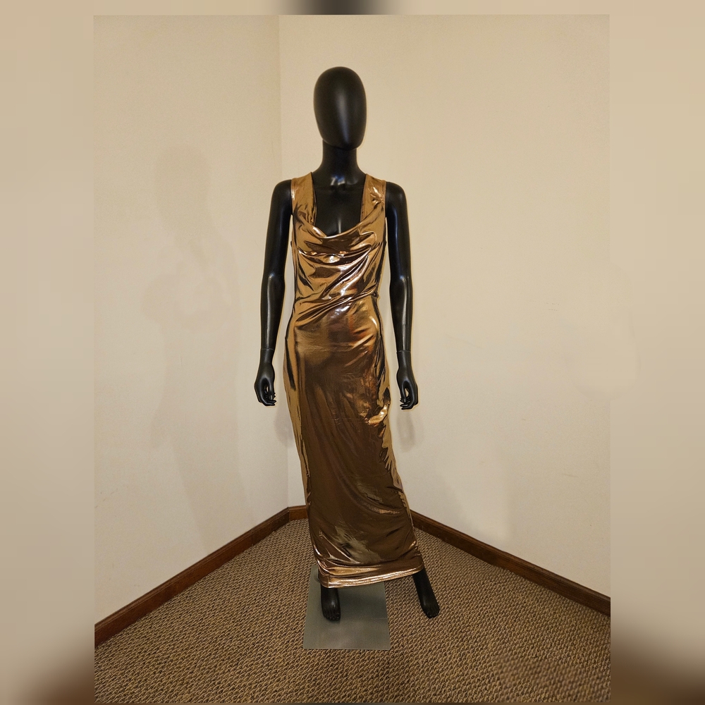 Gold Metallic Cowl Neck, Tie Backless Bodycon Evening Gown - L